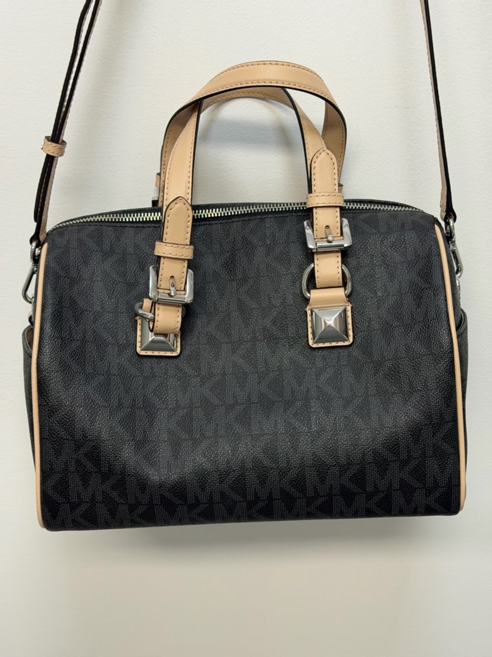 Michael Kors Black Logo Satchel with Tan Handles - Picture 4 of 8